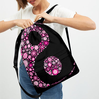 Pink Flowers Yin Yang Print Drawstring Backpack