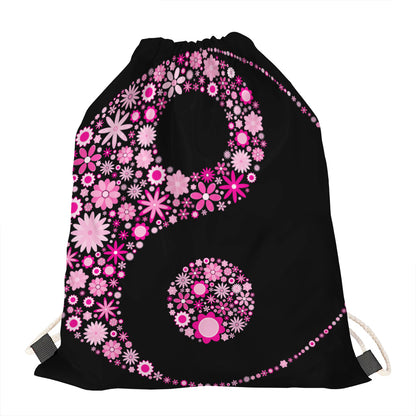 Pink Flowers Yin Yang Print Drawstring Bag