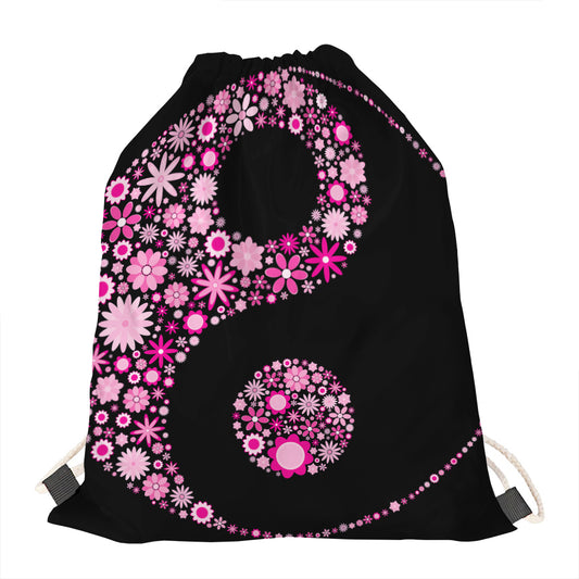 Pink Flowers Yin Yang Print Drawstring Bag