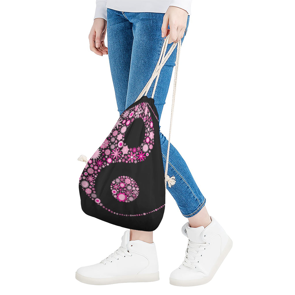 Pink Flowers Yin Yang Print Drawstring Bag