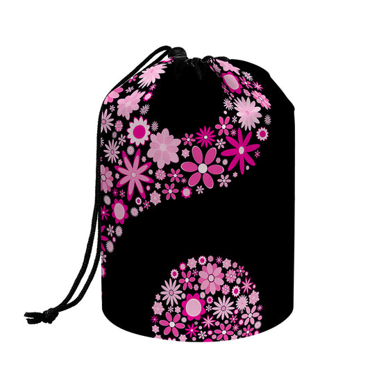 Pink Flowers Yin Yang Print Drawstring Makeup Bag