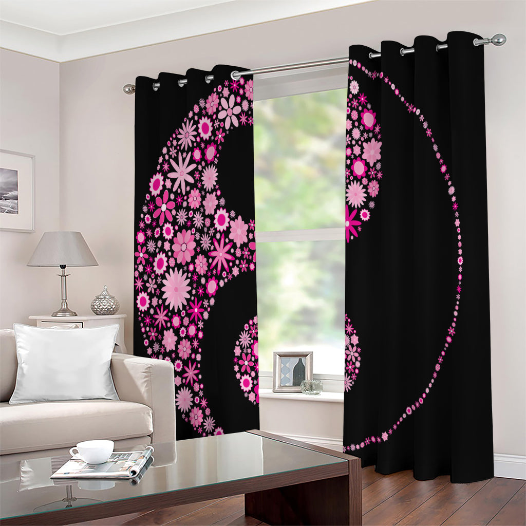 Pink Flowers Yin Yang Print Extra Wide Grommet Curtains