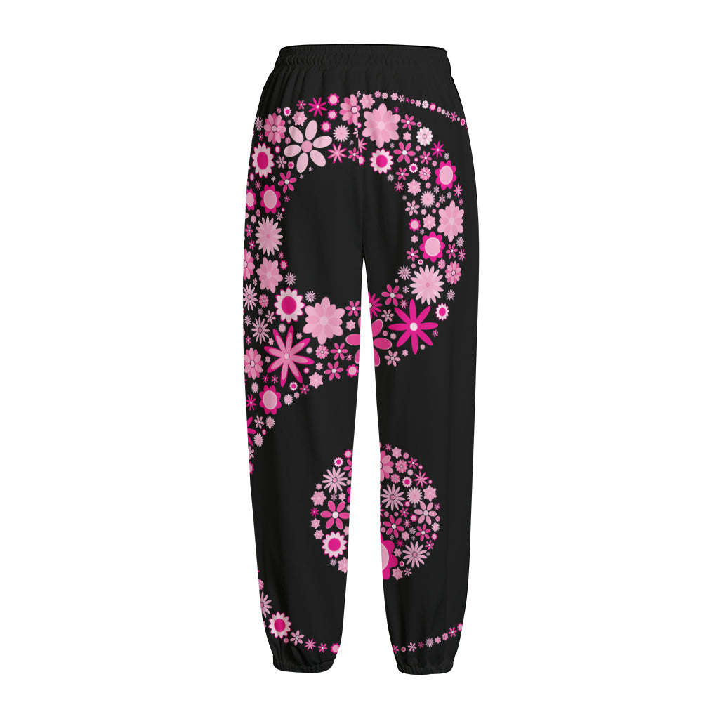 Pink Flowers Yin Yang Print Fleece Lined Knit Pants