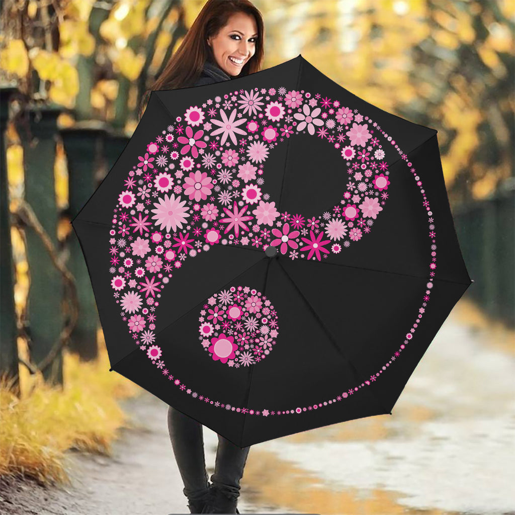 Pink Flowers Yin Yang Print Foldable Umbrella