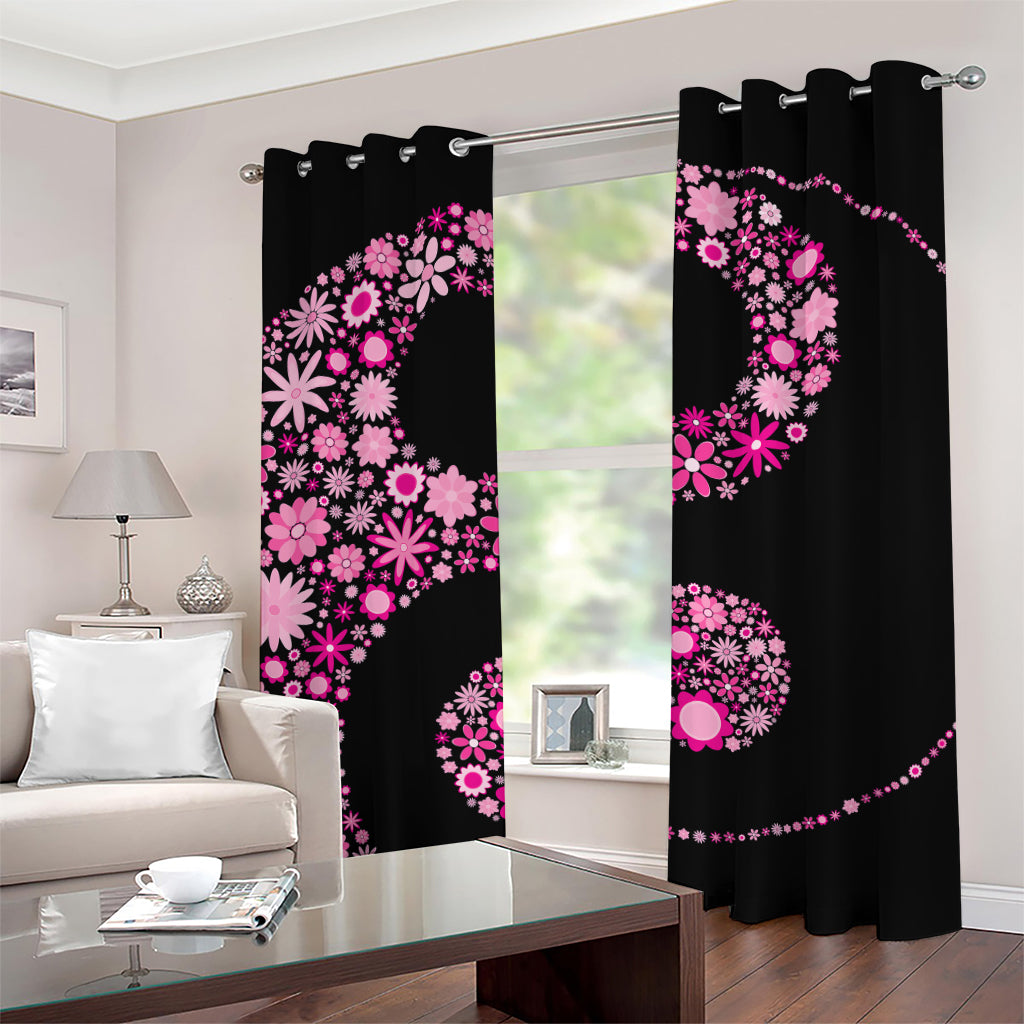 Pink Flowers Yin Yang Print Grommet Curtains