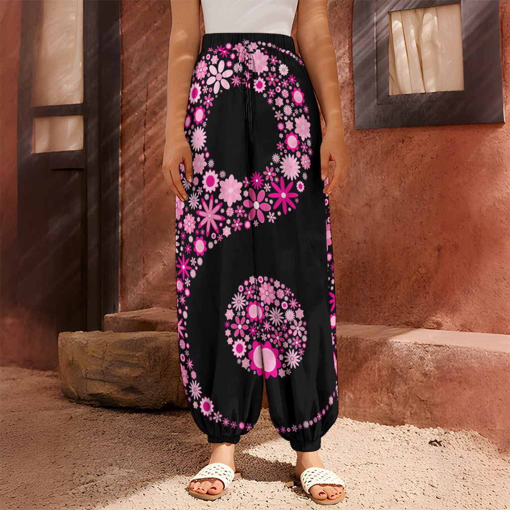 Pink Flowers Yin Yang Print Harem Pants