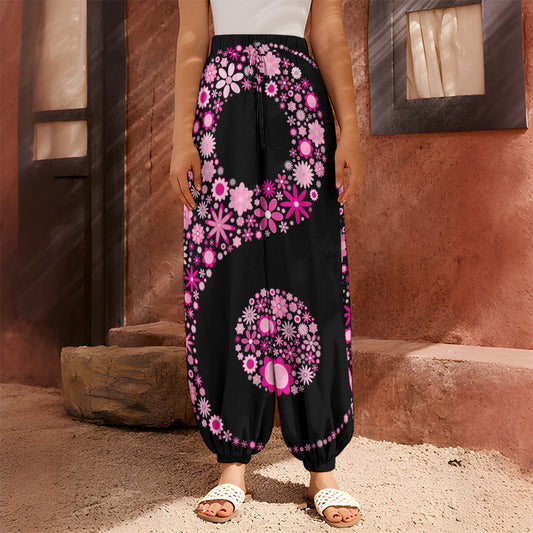 Pink Flowers Yin Yang Print Harem Pants