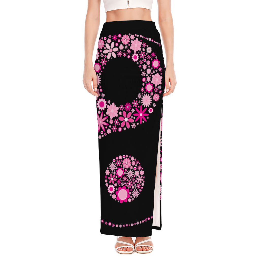 Pink Flowers Yin Yang Print High Slit Maxi Skirt