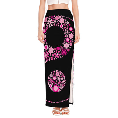 Pink Flowers Yin Yang Print High Slit Maxi Skirt