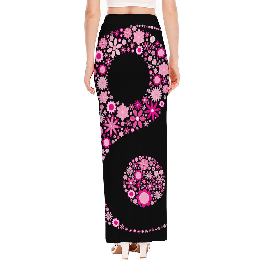 Pink Flowers Yin Yang Print High Slit Maxi Skirt