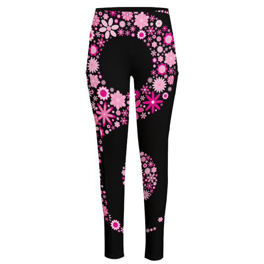 Pink Flowers Yin Yang Print High-Waisted Pocket Leggings