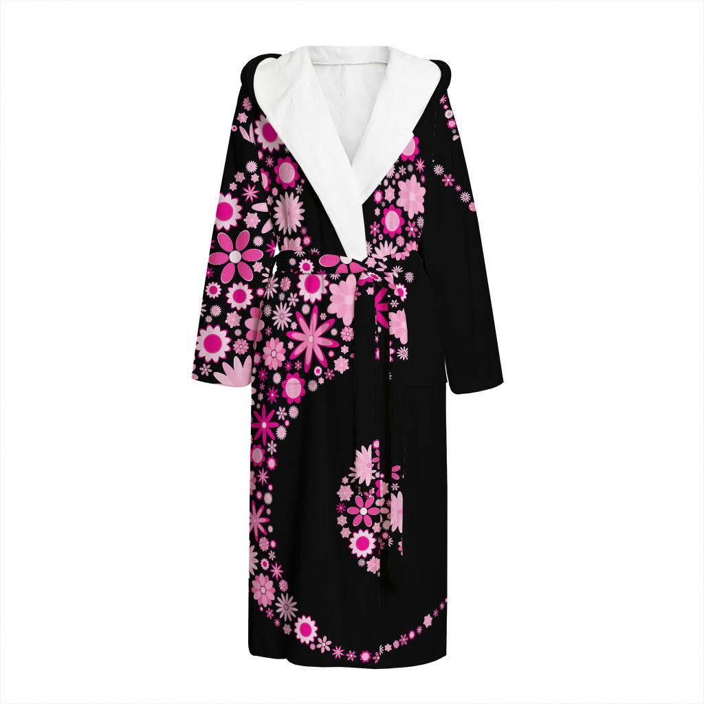 Pink Flowers Yin Yang Print Hooded Bathrobe