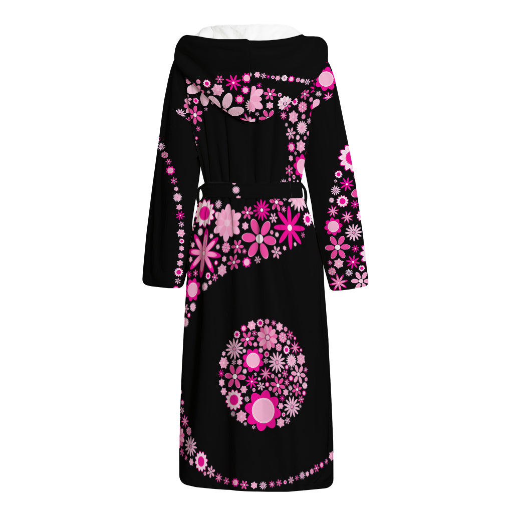 Pink Flowers Yin Yang Print Hooded Bathrobe