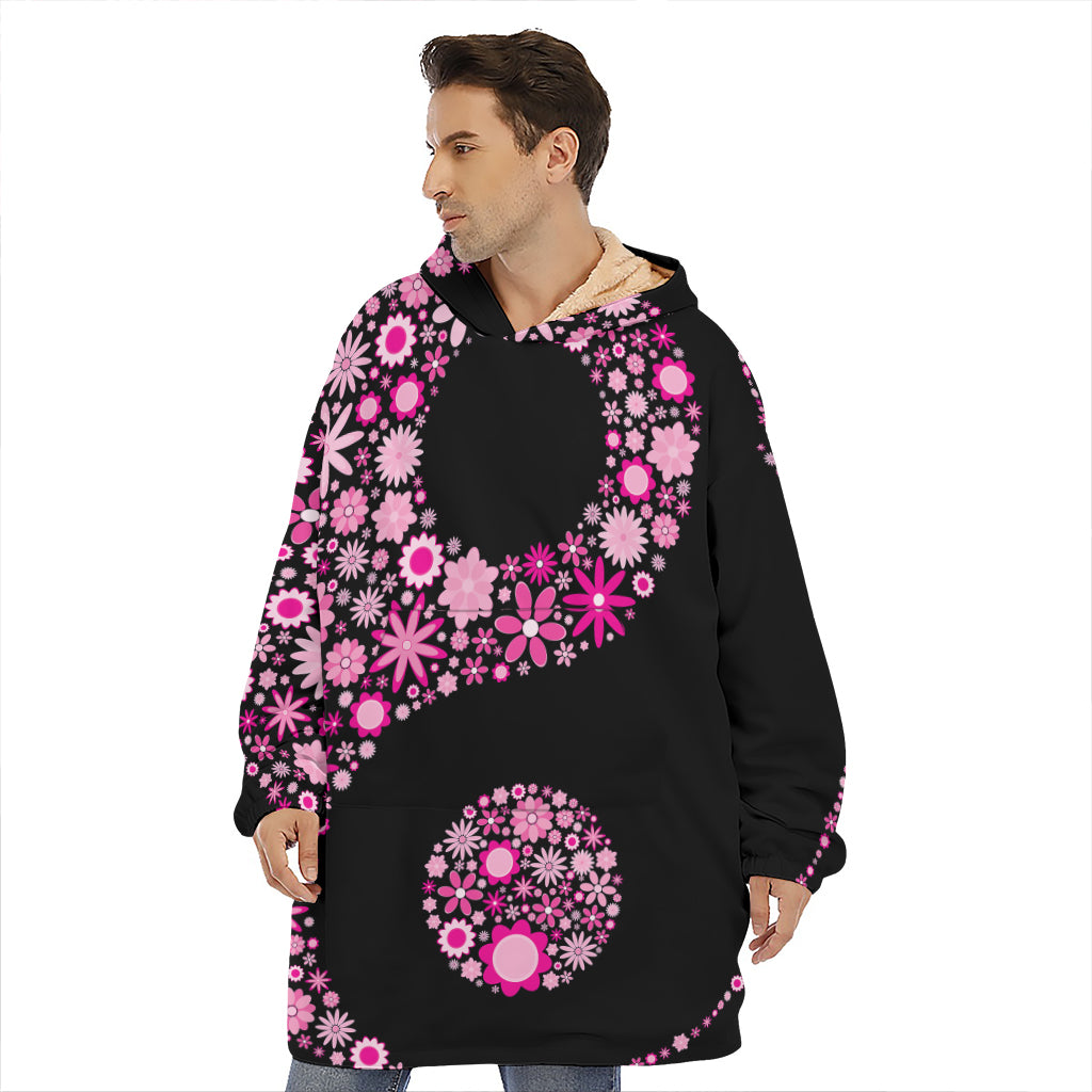 Pink Flowers Yin Yang Print Hoodie Blanket