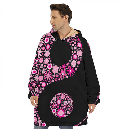 Pink Flowers Yin Yang Print Hoodie Blanket