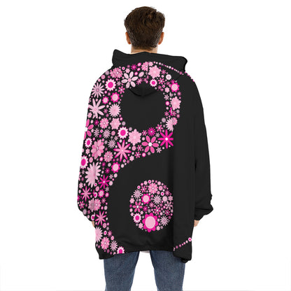 Pink Flowers Yin Yang Print Hoodie Blanket
