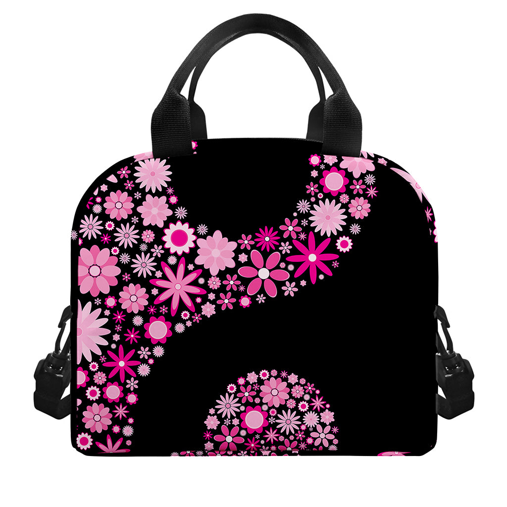 Pink Flowers Yin Yang Print Insulated Lunch Bag