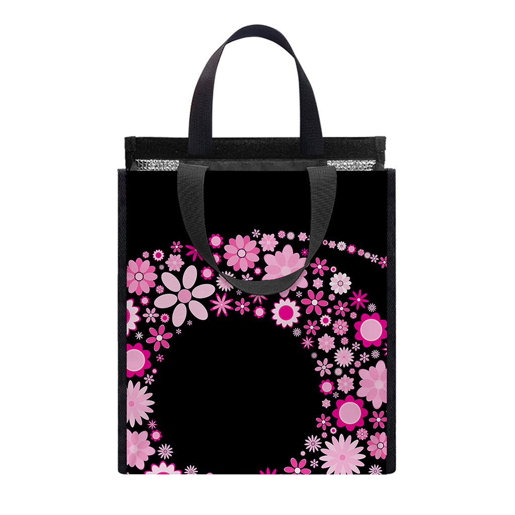 Pink Flowers Yin Yang Print Insulated Lunch Tote