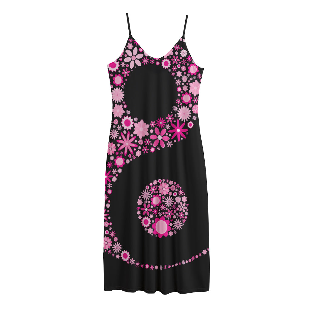 Pink Flowers Yin Yang Print Jersey Midi Cami Dress