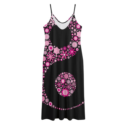 Pink Flowers Yin Yang Print Jersey Midi Cami Dress