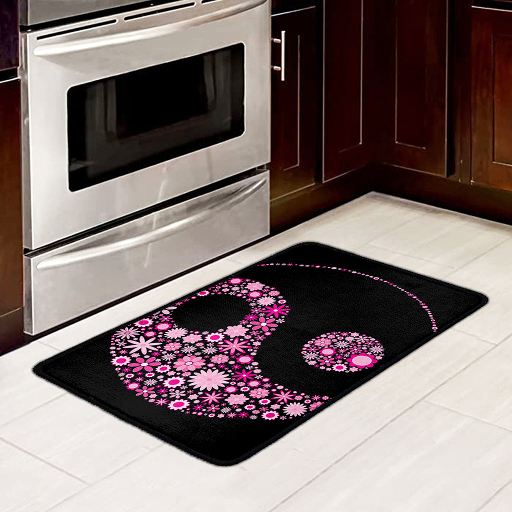Pink Flowers Yin Yang Print Kitchen Mat