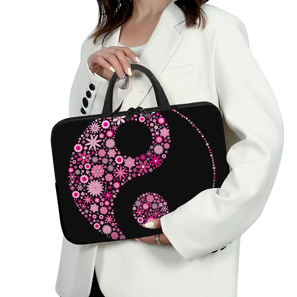 Pink Flowers Yin Yang Print Laptop Sleeve With Handle