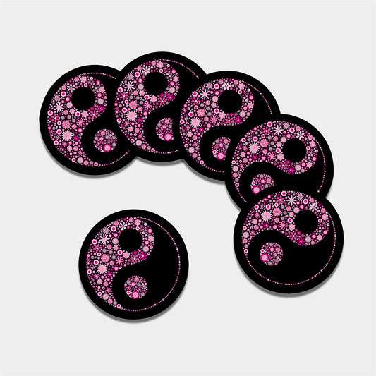 Pink Flowers Yin Yang Print Leather Coaster Set