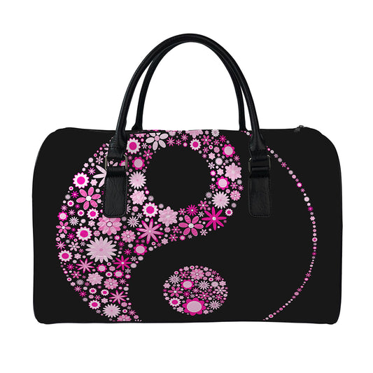 Pink Flowers Yin Yang Print Leather Duffle Bag
