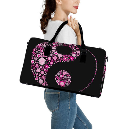 Pink Flowers Yin Yang Print Leather Duffle Bag