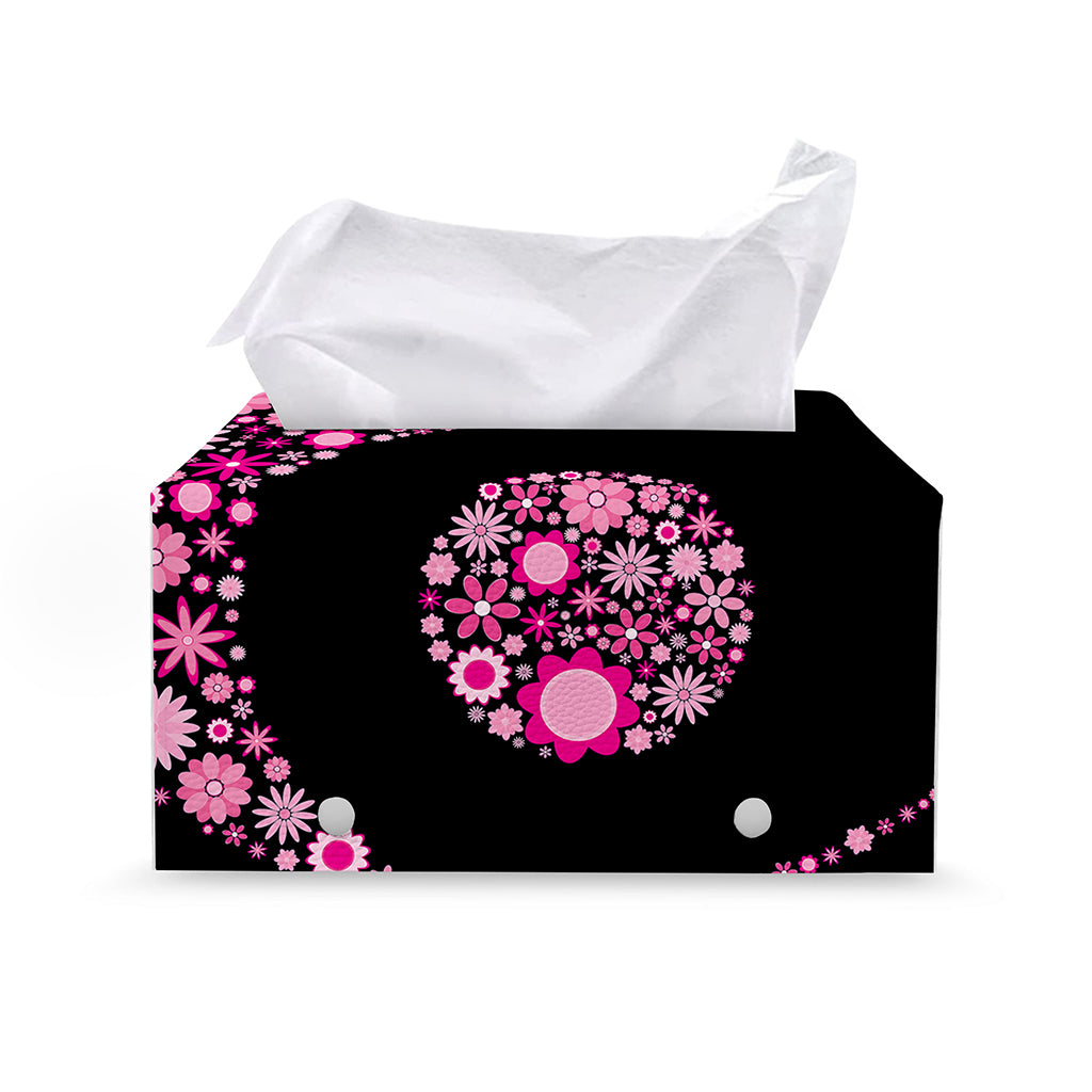 Pink Flowers Yin Yang Print Leather Tissue Box Cover