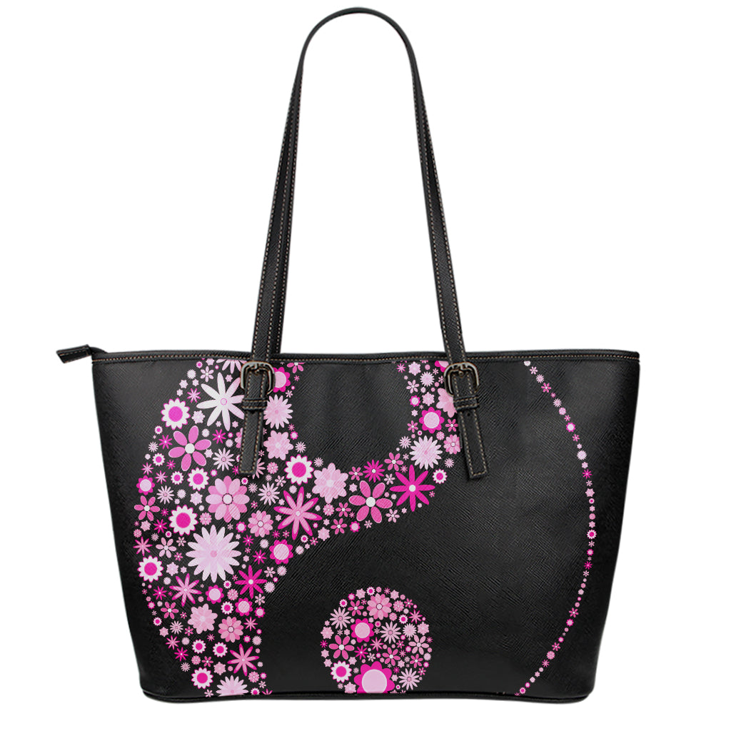 Pink Flowers Yin Yang Print Leather Tote Bag