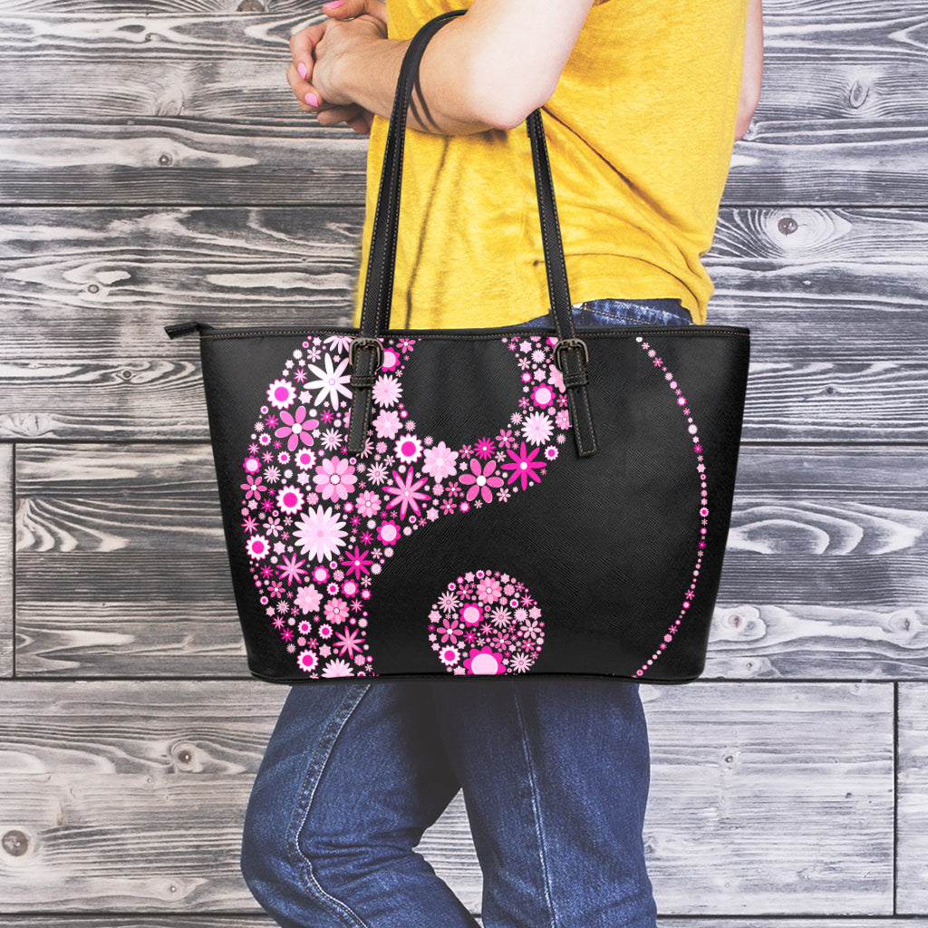 Pink Flowers Yin Yang Print Leather Tote Bag