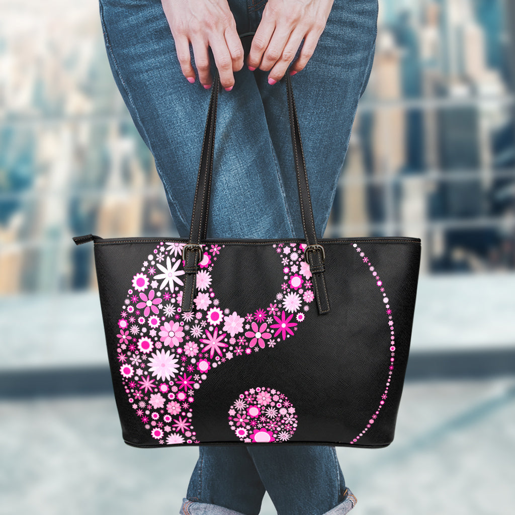 Pink Flowers Yin Yang Print Leather Tote Bag