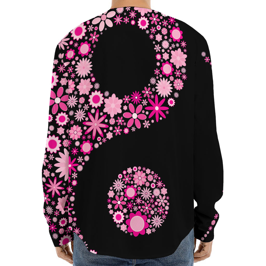 Pink Flowers Yin Yang Print Long Sleeve Baseball Jersey