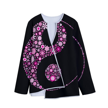 Pink Flowers Yin Yang Print Long Sleeve Short Coat