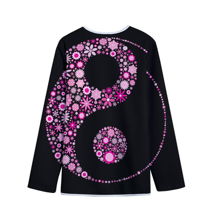 Pink Flowers Yin Yang Print Long Sleeve Short Coat