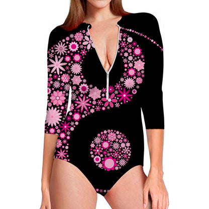 Pink Flowers Yin Yang Print Long Sleeve Swimsuit