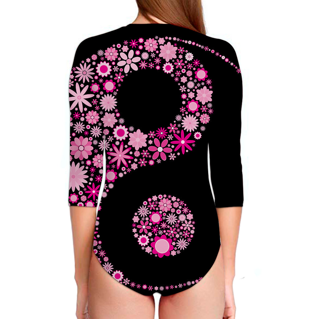 Pink Flowers Yin Yang Print Long Sleeve Swimsuit