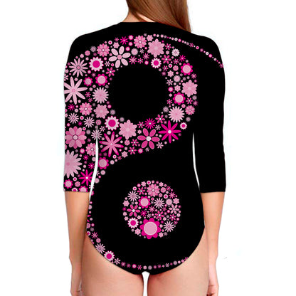 Pink Flowers Yin Yang Print Long Sleeve Swimsuit