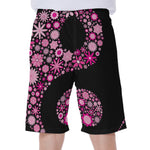 Pink Flowers Yin Yang Print Men's Beach Shorts