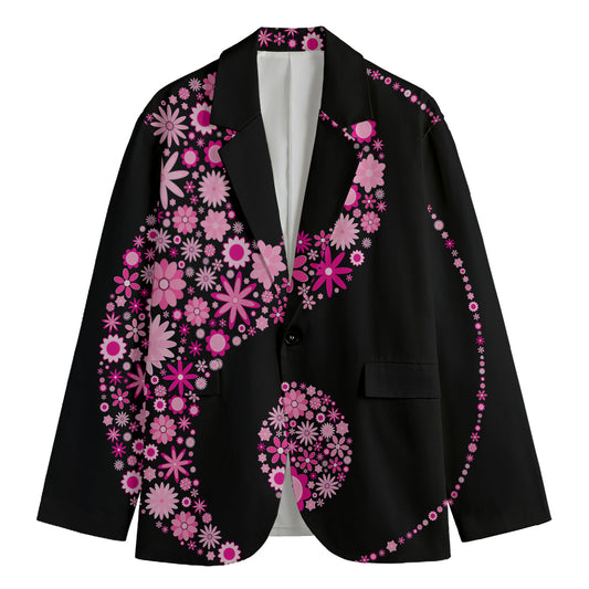 Pink Flowers Yin Yang Print Men's Blazer