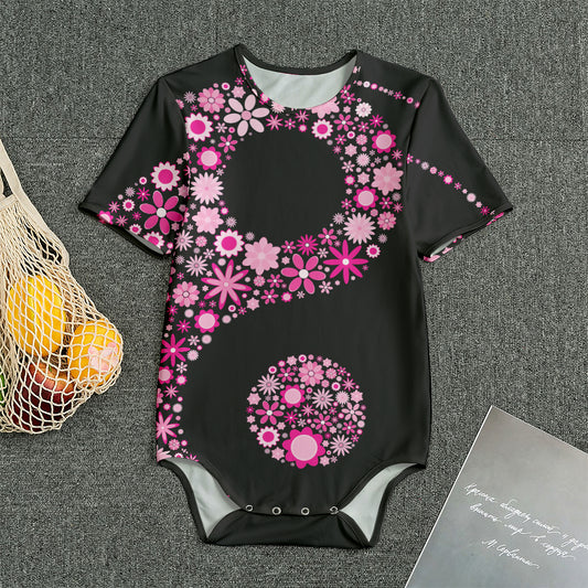 Pink Flowers Yin Yang Print Men's Bodysuit