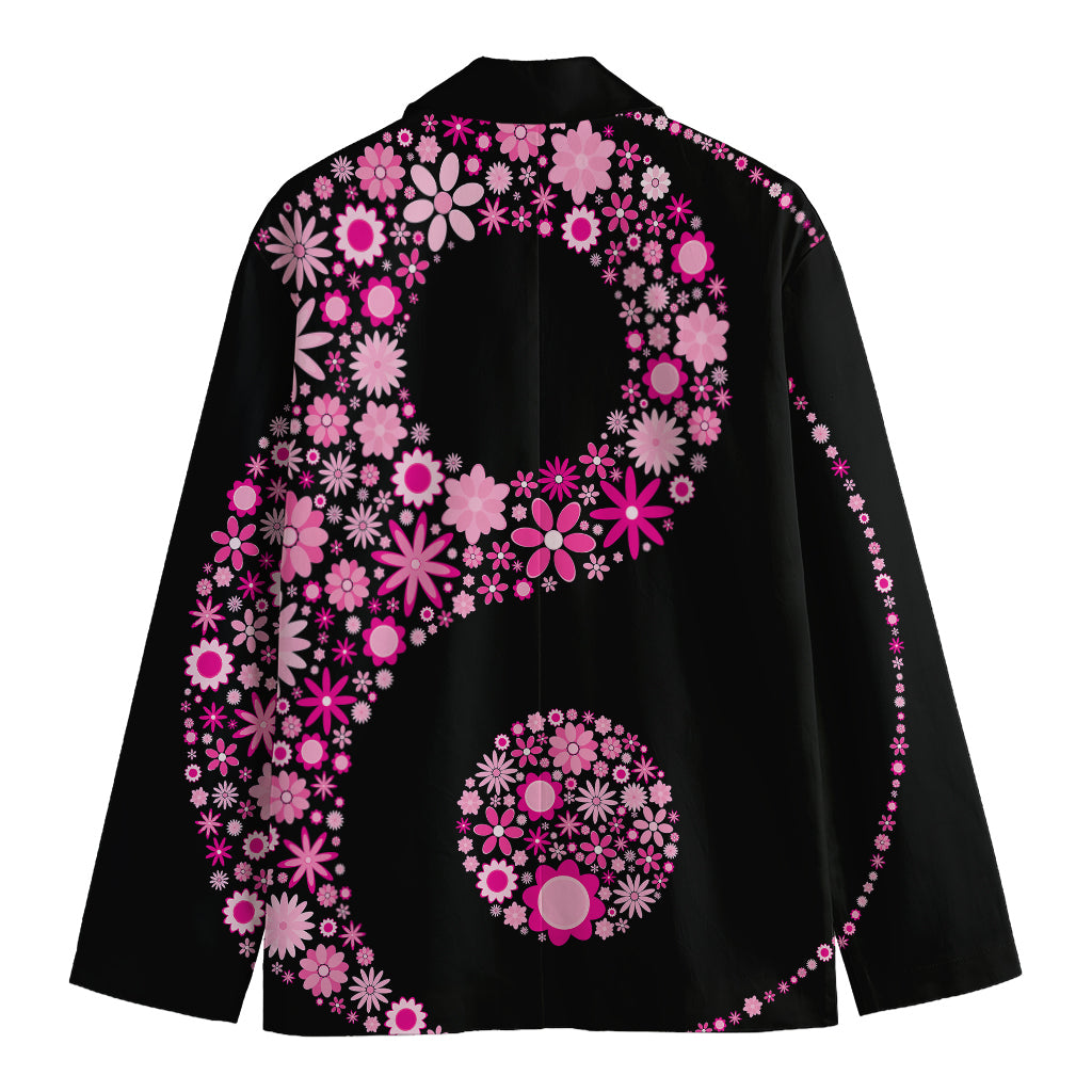 Pink Flowers Yin Yang Print Men's Cotton Blazer