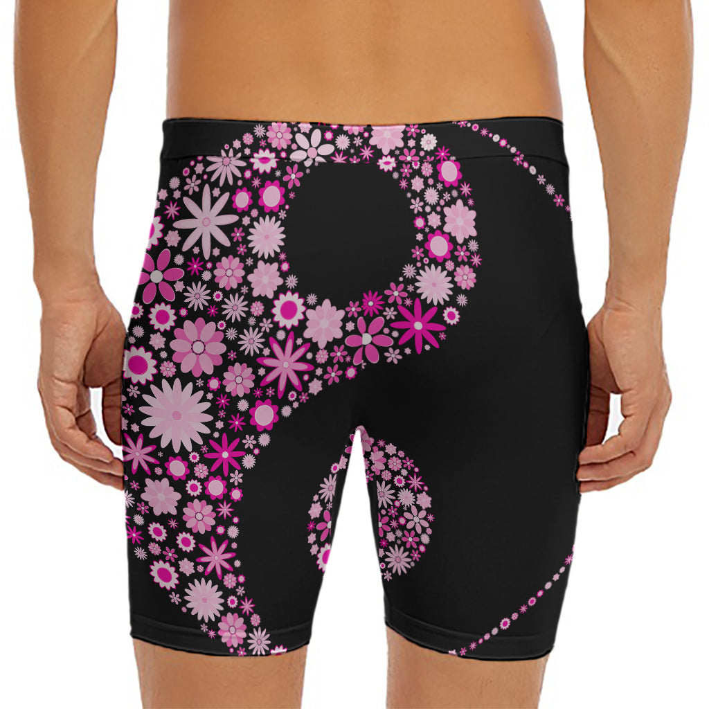 Pink Flowers Yin Yang Print Men's Long Boxer Briefs
