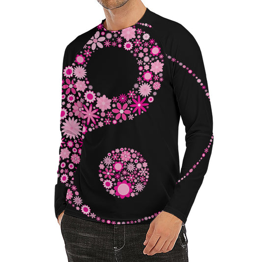 Pink Flowers Yin Yang Print Men's Long Sleeve Rash Guard