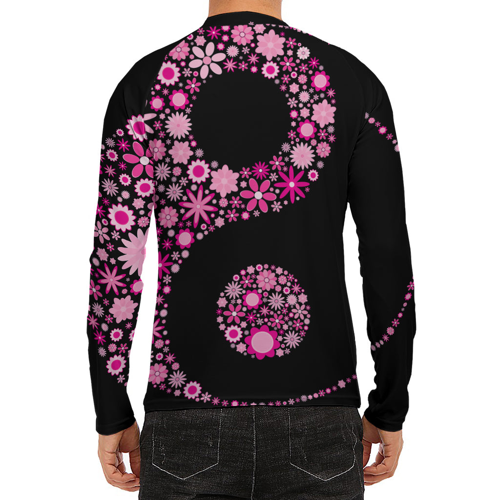 Pink Flowers Yin Yang Print Men's Long Sleeve Rash Guard