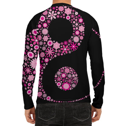 Pink Flowers Yin Yang Print Men's Long Sleeve Rash Guard