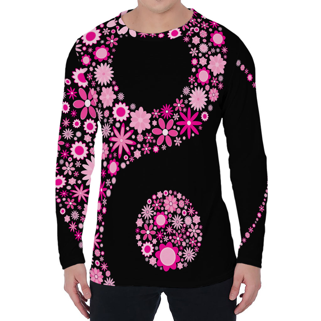 Pink Flowers Yin Yang Print Men's Long Sleeve T-Shirt