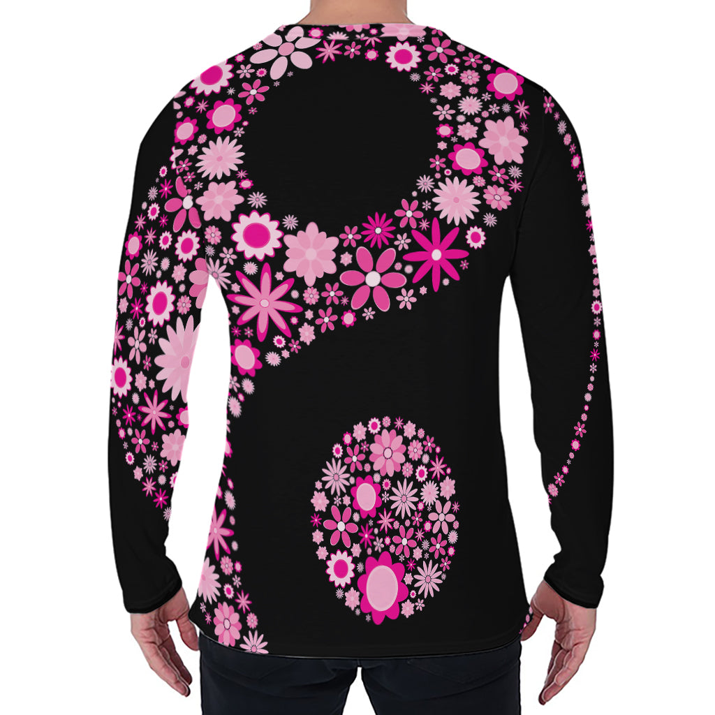 Pink Flowers Yin Yang Print Men's Long Sleeve T-Shirt