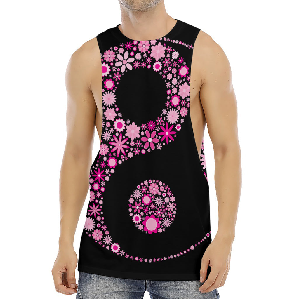 Pink Flowers Yin Yang Print Men's Muscle Tank Top